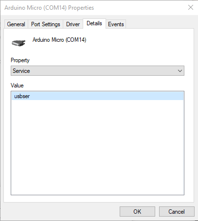 Image of the Details tab of the Arduino COM device